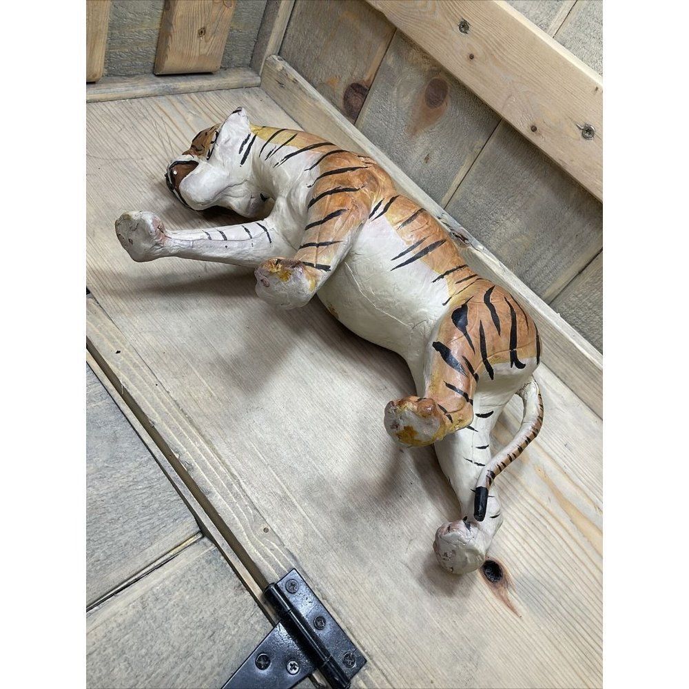 VINTAGE Leather Wrapped Tiger Sculpture Glass Eyes Jungle Safari Figurine Rare - Picture 7 of 11